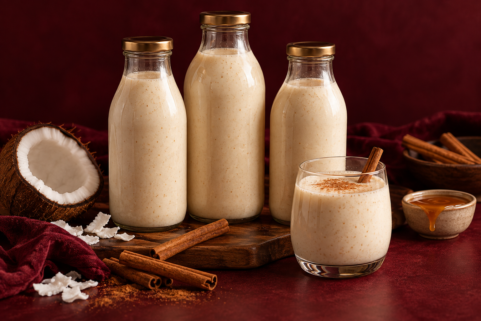 Coquito bottles and a glass with cinnamon; illustrative serving suggestion